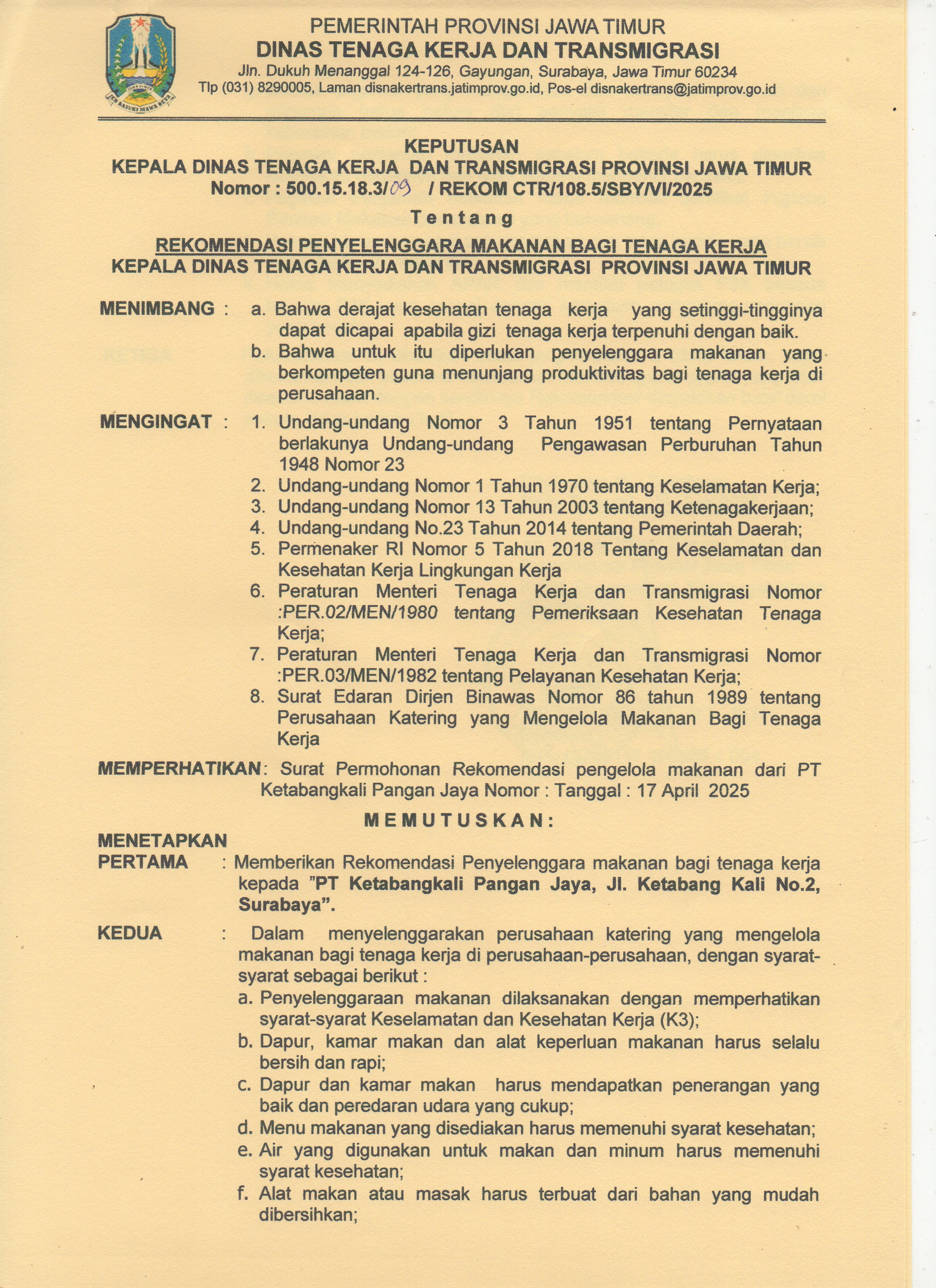 Rekomenasi Penyelenggara Makanan Bagi Tenaga Kerja